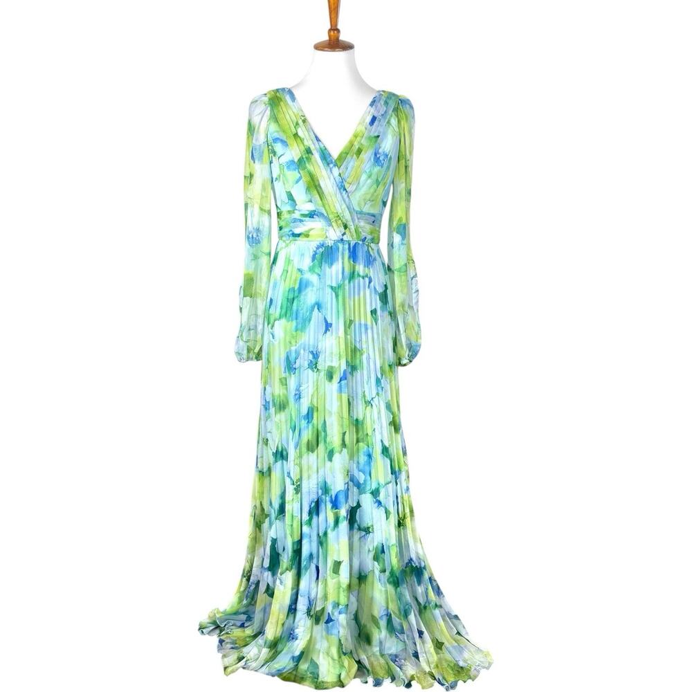 Betsy & Adam Long Sleeve Pleated Floral Chiffon Maxi Dress Blue & Green Women 4